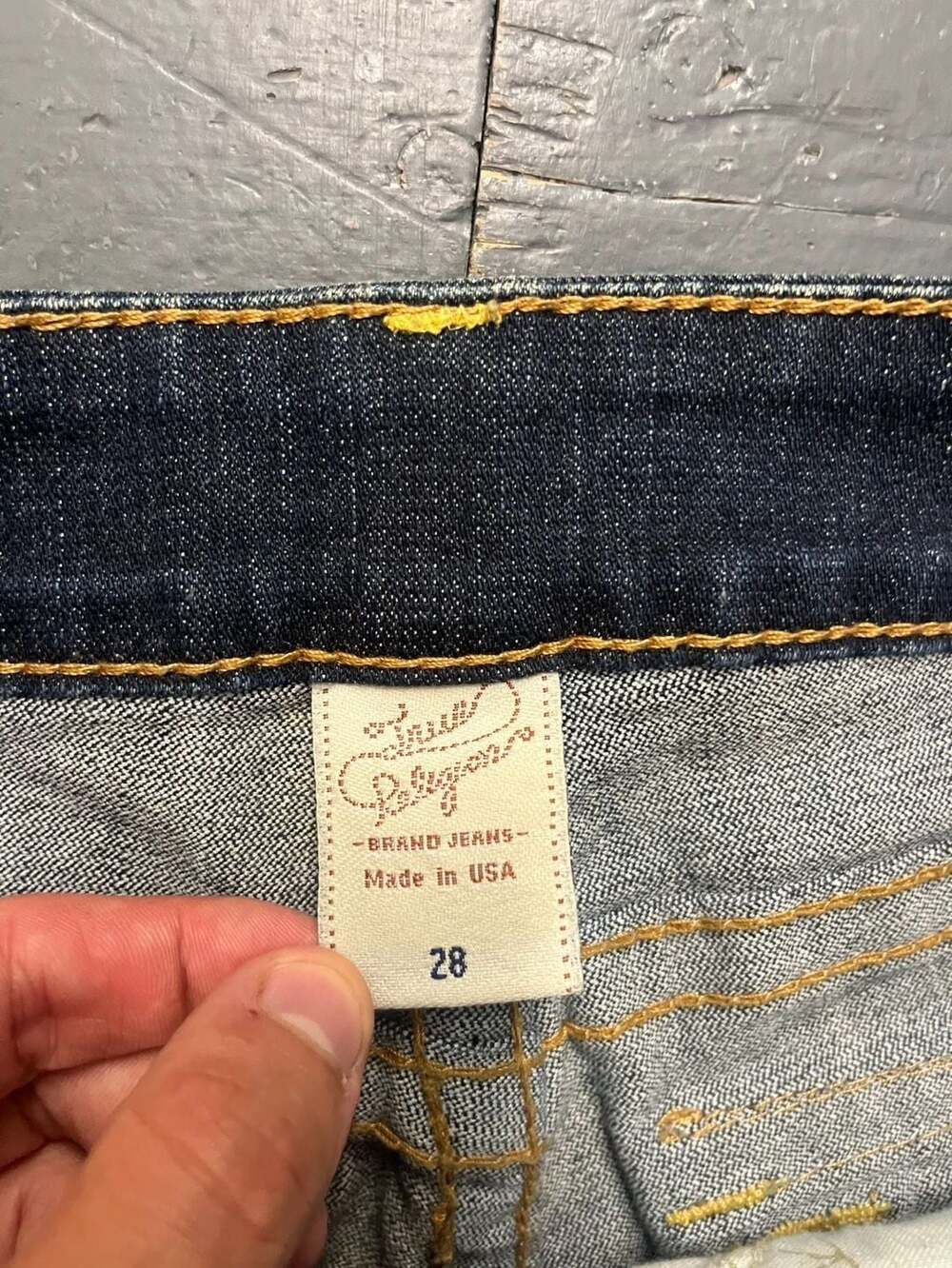 True Religion Women's Dark Wash Flare Jeans with Yellow Stitching, Size 28 - Picture 5 of 11